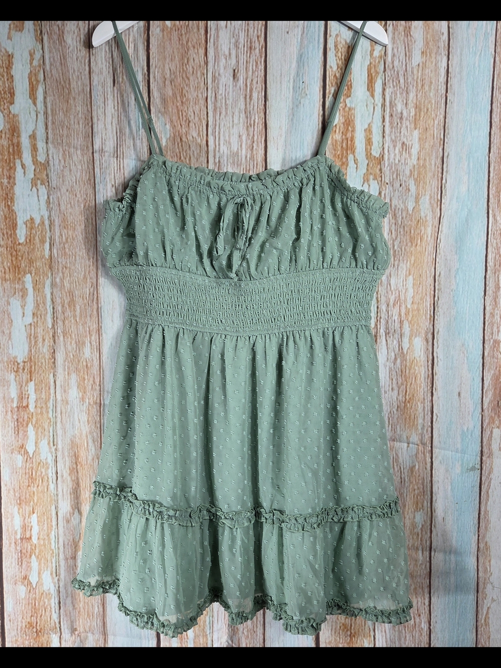 Francesca's Mi Ami Sage Green Ruffled Tiered Clip Dot Dress. Size Xl